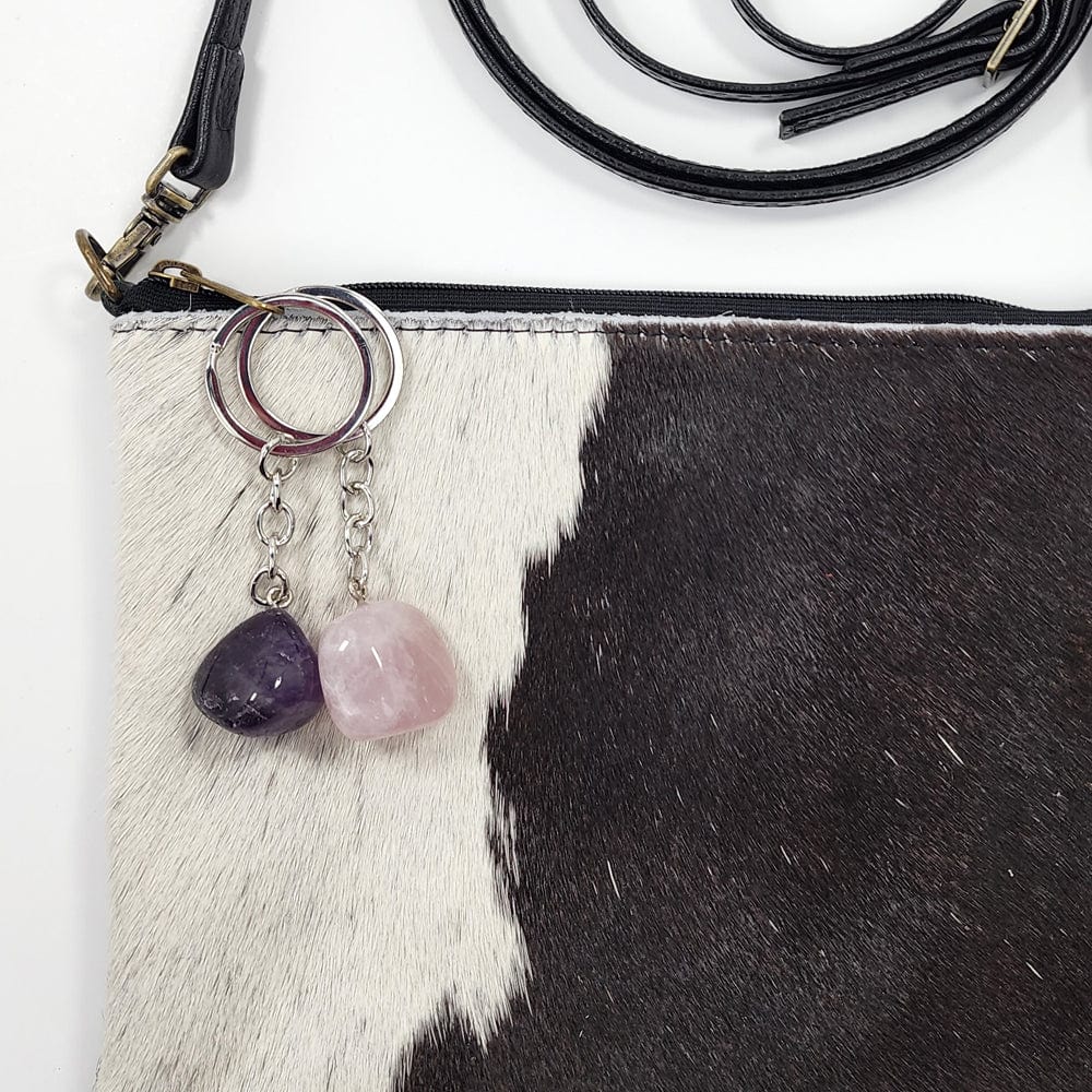 Crossbody Cowhide Bag with Two Complimentary Semi-Precious Stone Keychains/Pulls